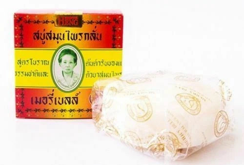 Madame Heng Merry Bell Herbal Soap 160g packaging, featuring original formula for acne and dark spots treatment.