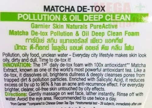 Close-up of Garnier Matcha DeTox Foam ingredient list and usage instructions