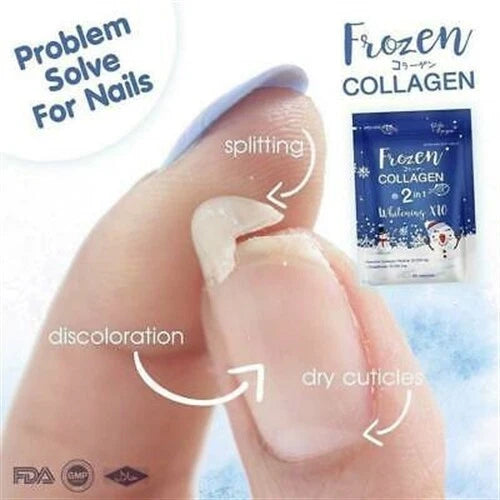Frozen Collagen 2 in 1 Whitening dietary supplement capsule in hand close up