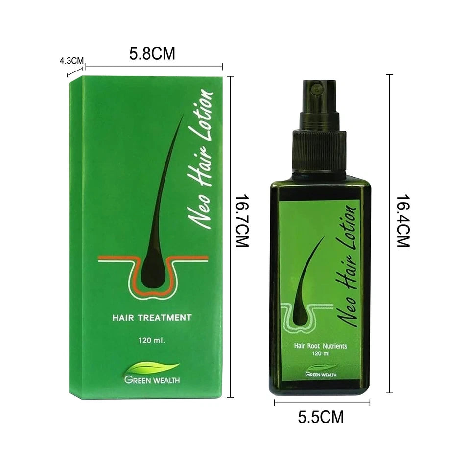 Neo Hair Lotion 120ml Green Wealth bottle and box with size dimensions