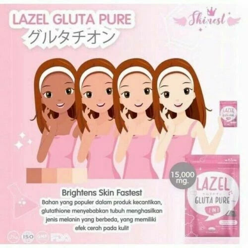 Lazel Gluta Pure 2 in 1 supplement illustration showing skin brightening results on women