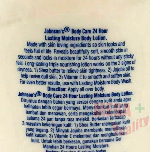 Johnsons Body Care Lotion 24 Hour Lasting Moisture Body Lotion with skin loving ingredients for soft, smooth skin.