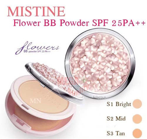 Mistine Flower BB Powder SPF25 PA++ packaging with shade options and branding