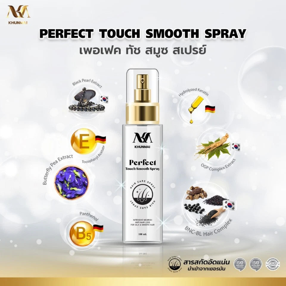KHUNMAI Perfect Touch Spray ingredients and benefits infographic for hair growth