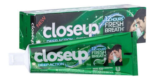 Closeup Menthol Fresh Gel Toothpaste 75g tube and box packaging with branding visible