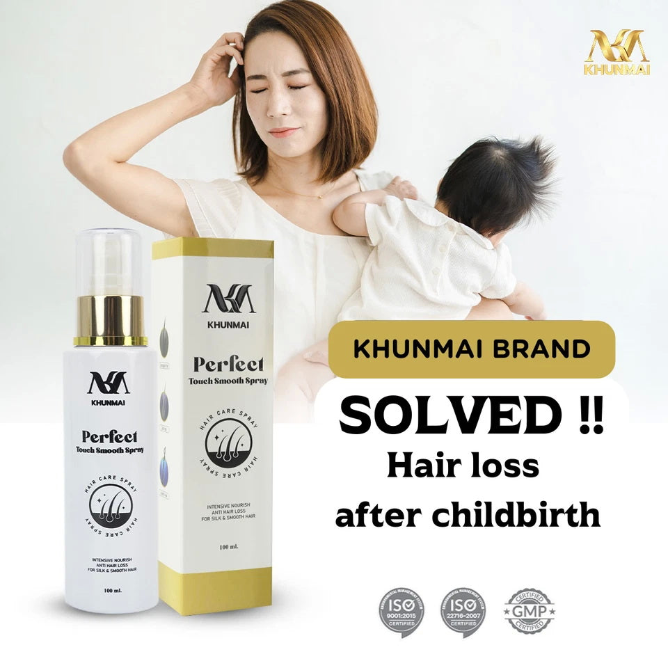 Woman using KHUNMAI Perfect Touch Spray for thinning hair and root strengthening