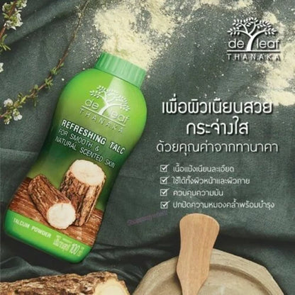 De Leaf Thanaka Talcum Powder bottle with branding, showcasing its refreshing scent and smooth skin benefits.