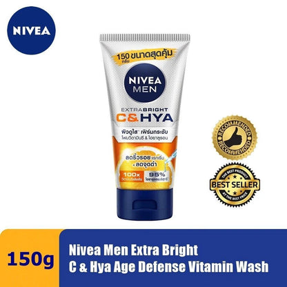 Nivea Men C HYA Foam product display with benefits icons