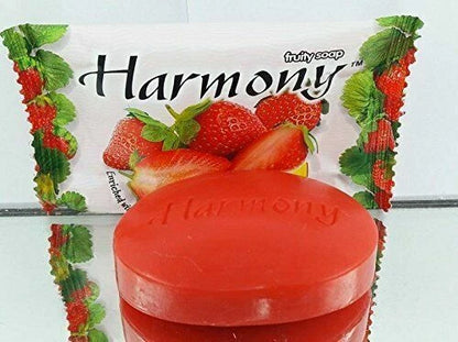 Back view of Harmony Fruity Soap Strawberry 75g packaging with sealed wrapper
