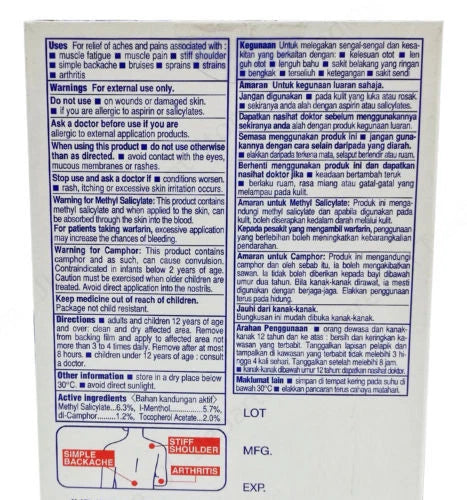 Detailed ingredients and safety instructions printed on Salonpas Patch Pain Relief back label