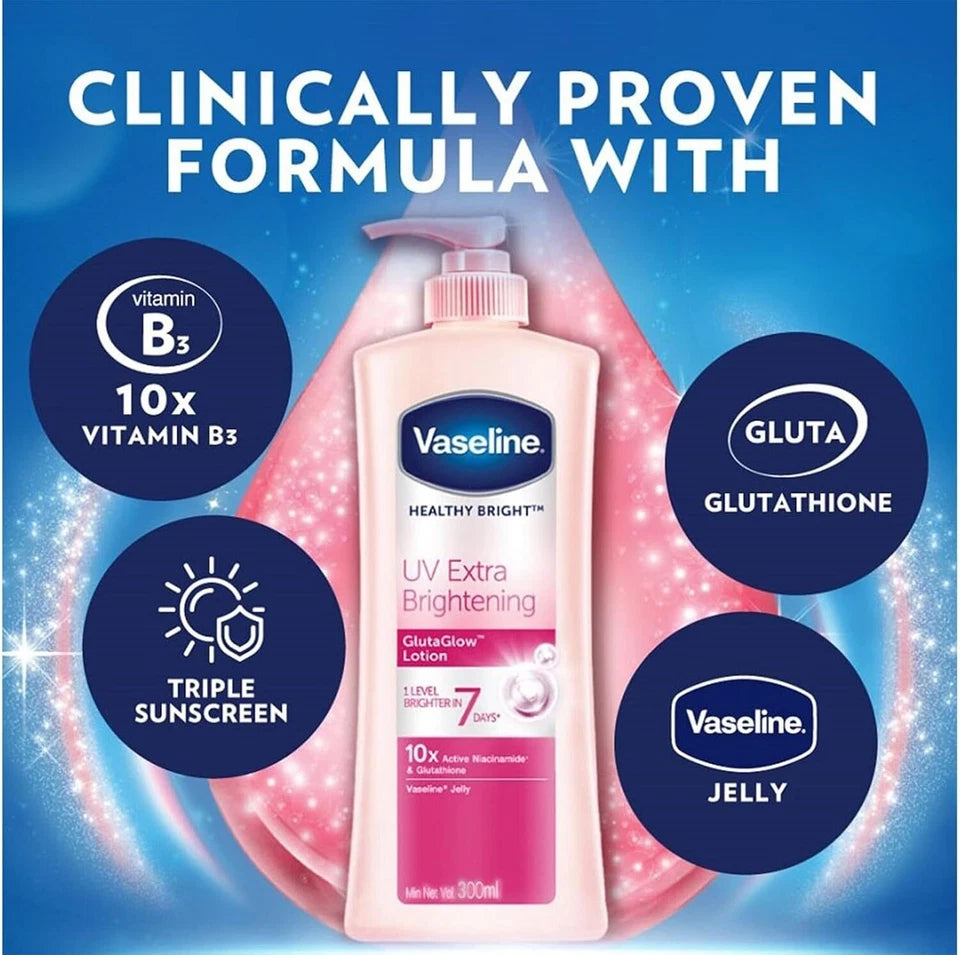 Vaseline UV Extra Brightening Lotion with GlutaGlow, clinically proven formula featuring vitamin B3, triple sunscreen, and jelly for hydration.