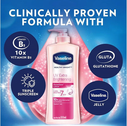 Vaseline UV Extra Brightening Lotion with GlutaGlow, clinically proven formula featuring vitamin B3, triple sunscreen, and jelly for hydration.