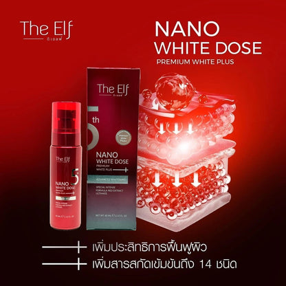 Elf Nano White Dose Serum promotional image featuring bottle, box and crystal glow background for skin radiance