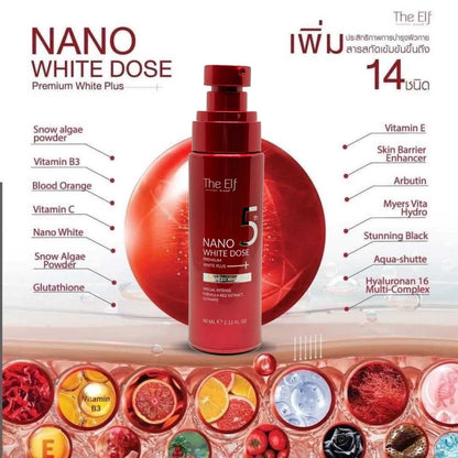 Elf Nano White Dose Serum infographic showing key vitamins and fruit extracts for skin whitening and radiance