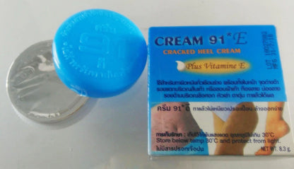 Cream 91 E Cracked Heel cream texture with container and packaging