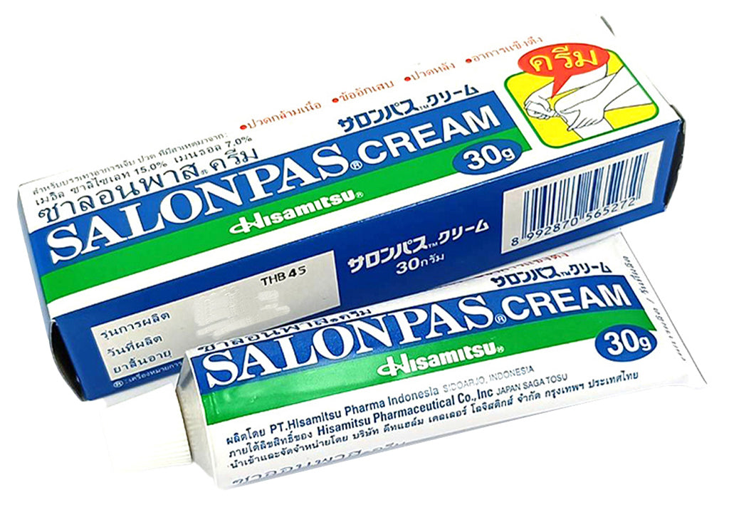 Salonpas Cream Pain Relief 30g box and tube by Hisamitsu showing product label and cooling warming formula.