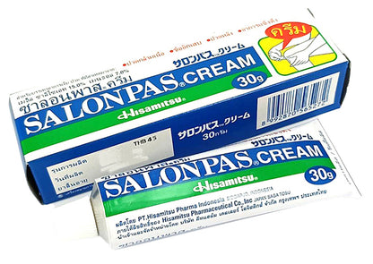 Salonpas Cream Pain Relief 30g box and tube by Hisamitsu showing product label and cooling warming formula.