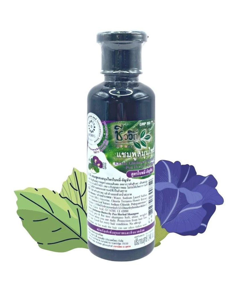 Bio Way Butterfly Pea Shampoo with butterfly pea flower and bai mee leaves