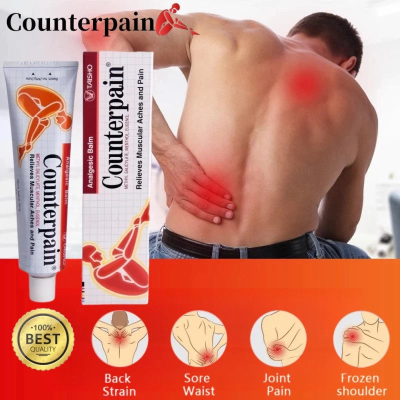 Man applying Counterpain Analgesic Balm 120g on shoulder and back muscles for pain relief