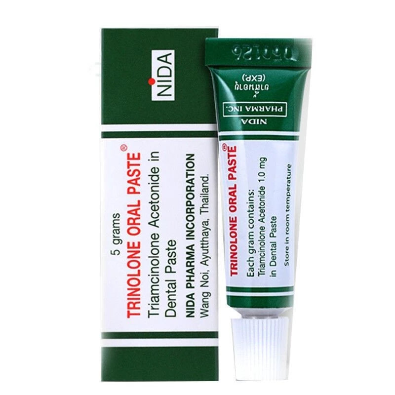 Trinolone Oral Paste single 5g tube with packaging for canker sore relief