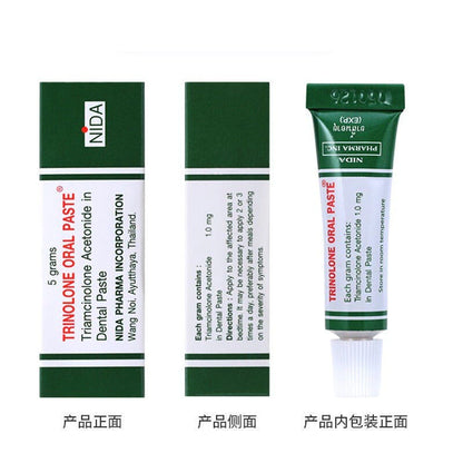 Trinolone Oral Paste trio view showing front back and tube design for oral ulcer care