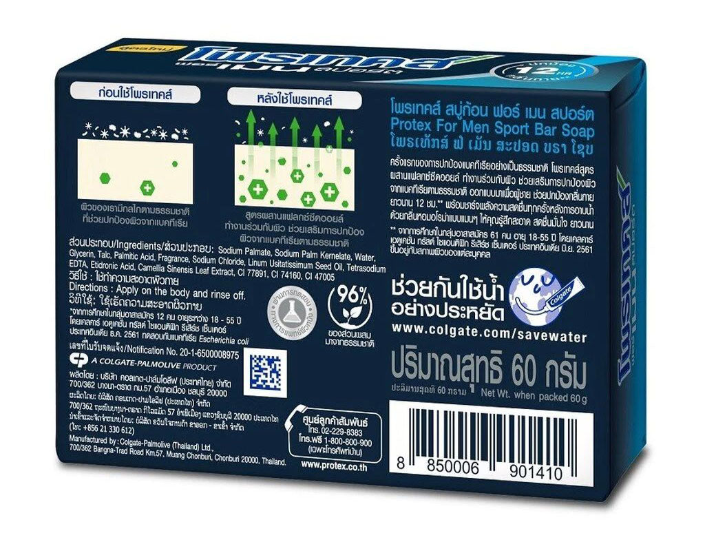 Protex For Men Sport packaging back label information ingredients and usage details