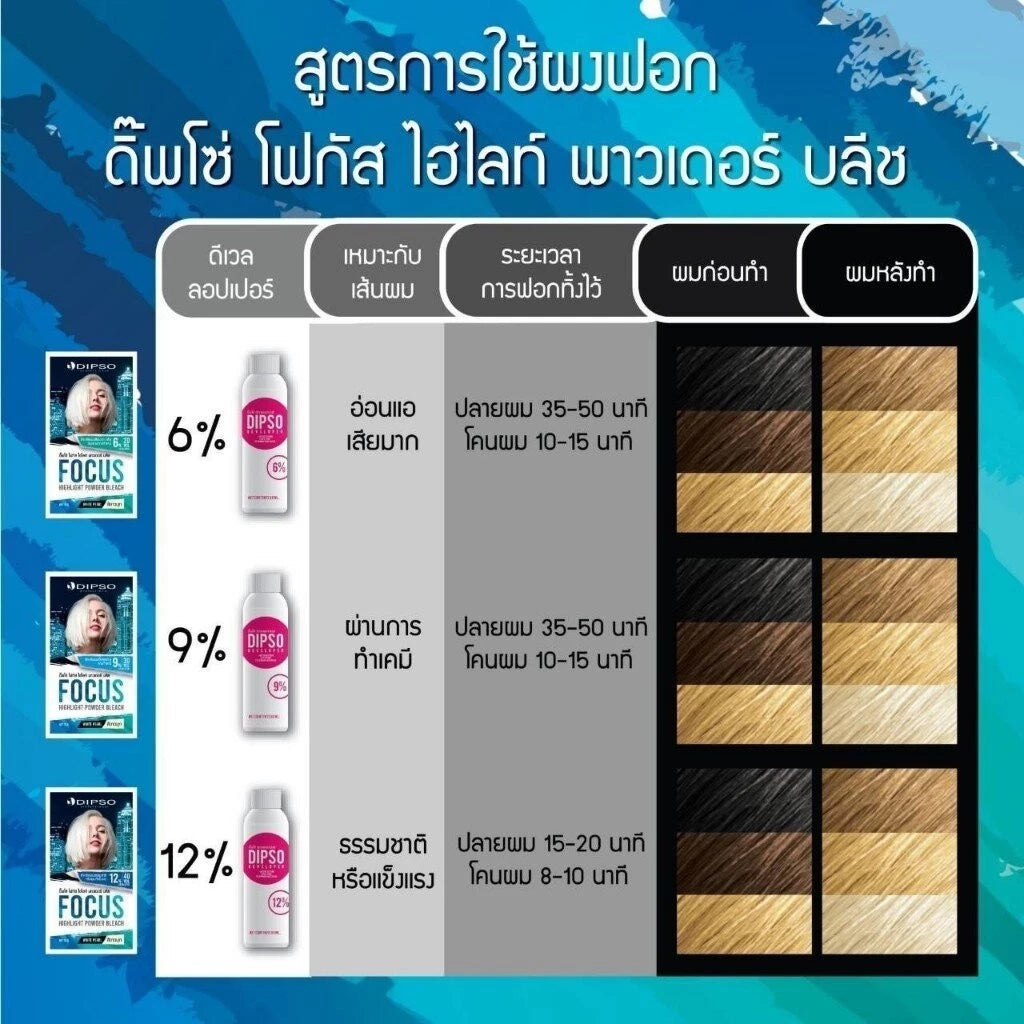 DIPSO Focus Bleach Powder shade chart color result guide display