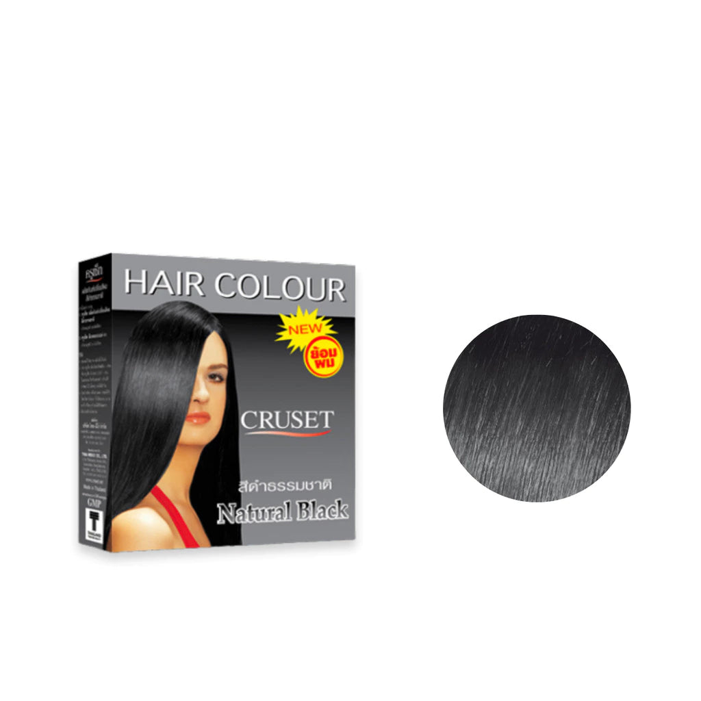 Cruset Natural Black Hair Dye cream container and color result sample