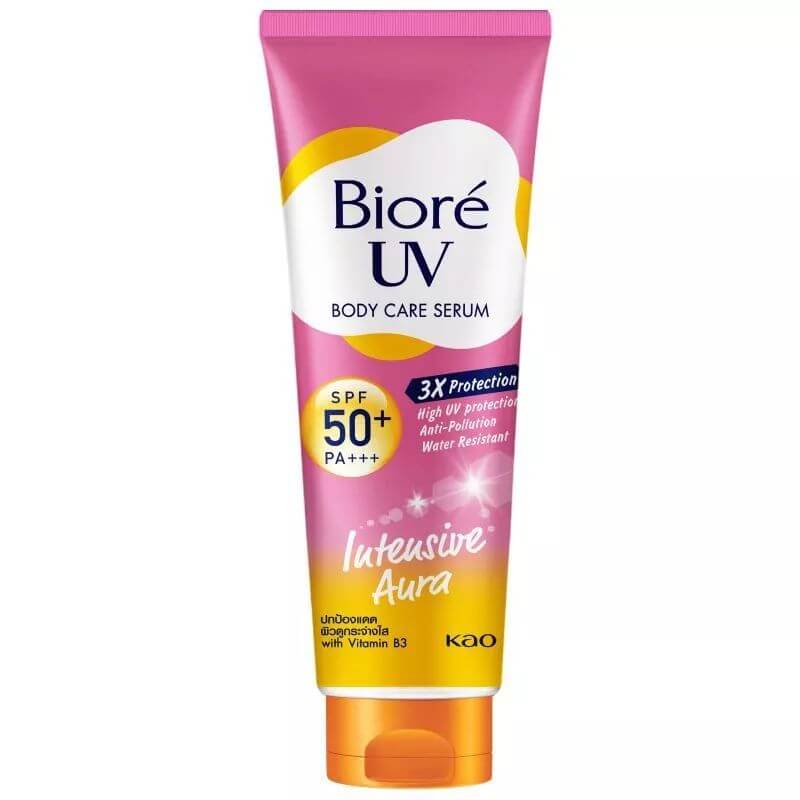 Biore UV Intensive Aura Serum Body Care Anti Pollution SPF50+ PA+++ tube with bright packaging