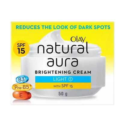 Olay Natural Aura Cream Brightening Cream Light SPF15 50g packaging box graphic