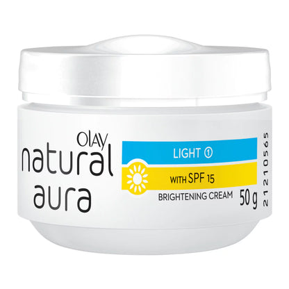 Olay Natural Aura Cream jar display with blue and yellow label detail