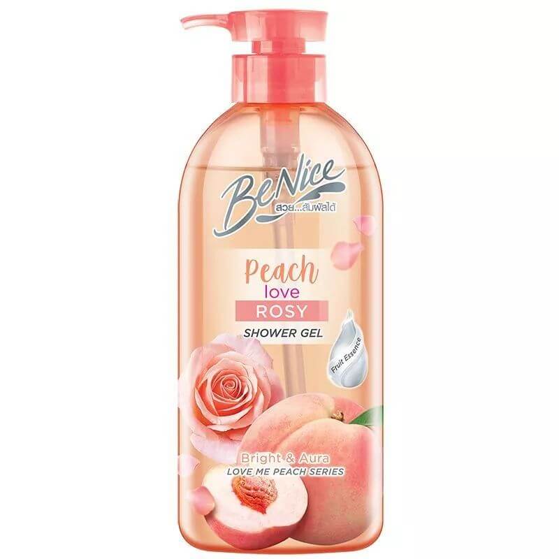 Front view of a Benice Peach Shower Gel 450ml pump bottle featuring peach and rose graphics.
