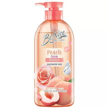 Front view of a Benice Peach Shower Gel 450ml pump bottle featuring peach and rose graphics.