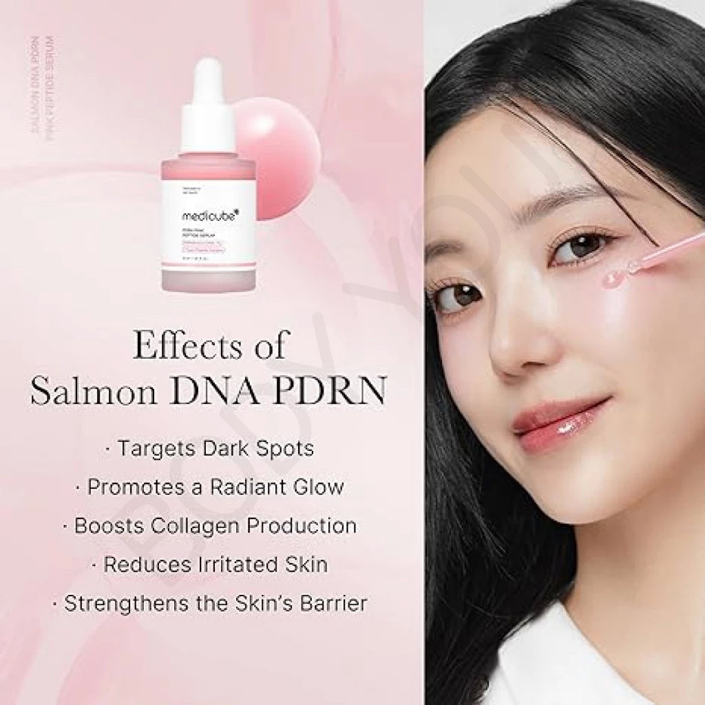 Model applying Medicube PDRN Pink Peptide Serum 30ml on face with dropper