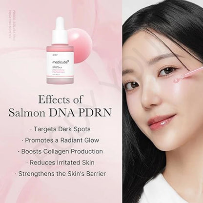 Model applying Medicube PDRN Pink Peptide Serum 30ml on face with dropper
