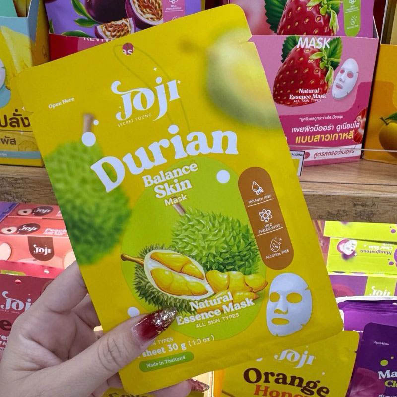 JOJI Secret Young Durian Mask yellow durian sheet mask packaging lifestyle display