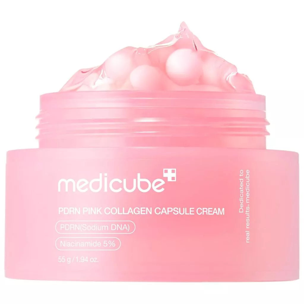 Medicube PDRN Pink Collagen Capsule Cream close up texture with pink collagen capsules