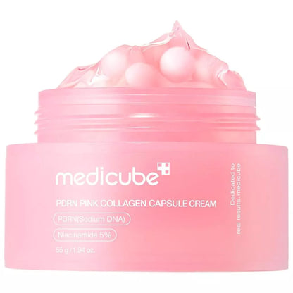 Medicube PDRN Pink Collagen Capsule Cream close up texture with pink collagen capsules