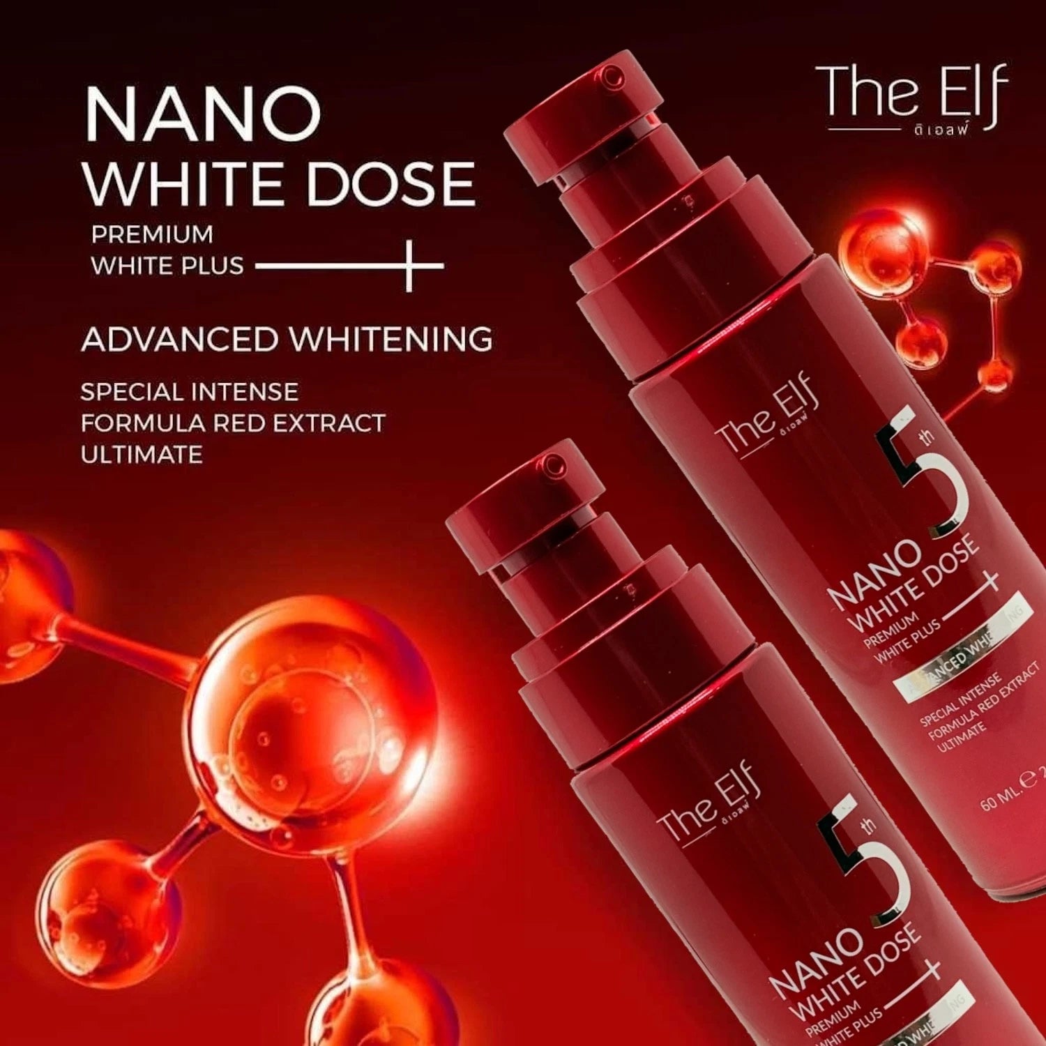 Elf Nano White Dose Serum dual bottle layout with glowing red background promoting deep nano absorption