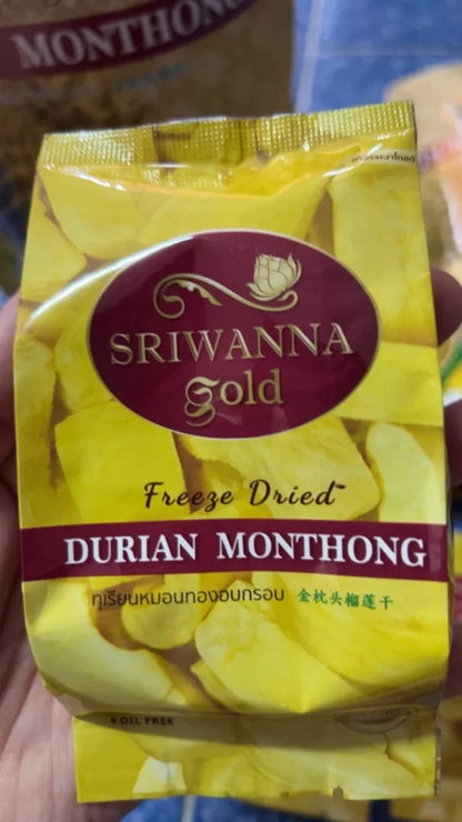 Sriwanna Freeze Dried Durian front packaging showing Gold label and Monthong durian Thai snack