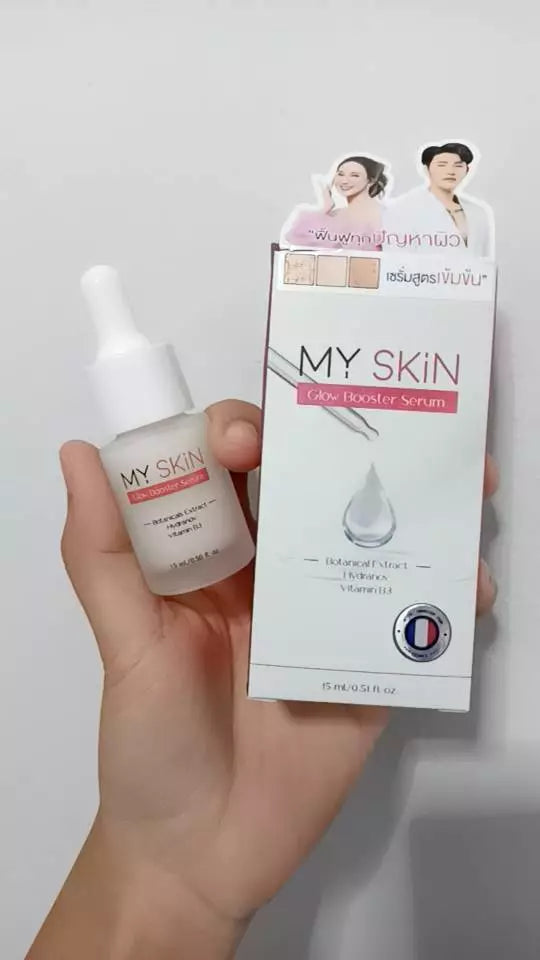 MY SKIN Glow Booster Serum bottle and box held in hand for close up display