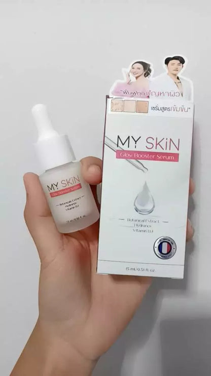 MY SKIN Glow Booster Serum bottle and box held in hand for close up display