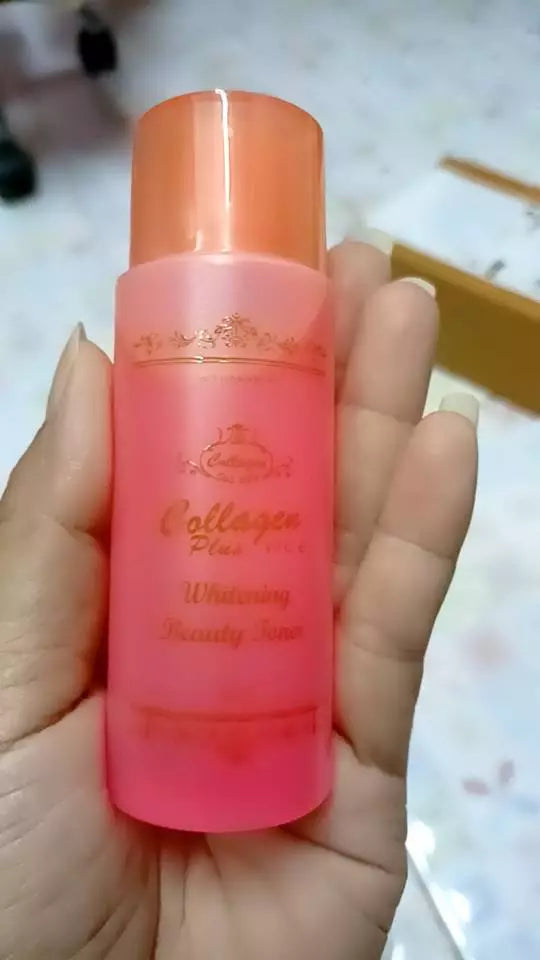 Collagen Plus Skincare Set toner bottle held in hand showing label and packaging details
