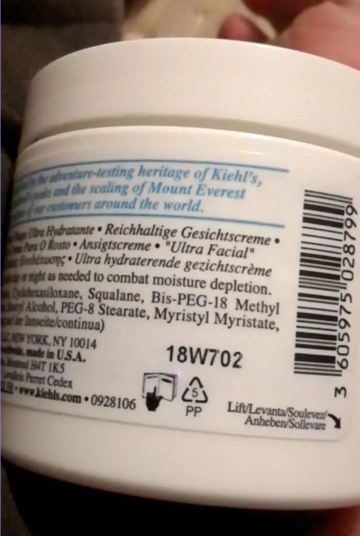 Kiehl's Ultra Facial Cream back label with batch code and product details