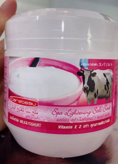 Carebeau Spa Salt Scrub milk yogurt body scrub jar angled view