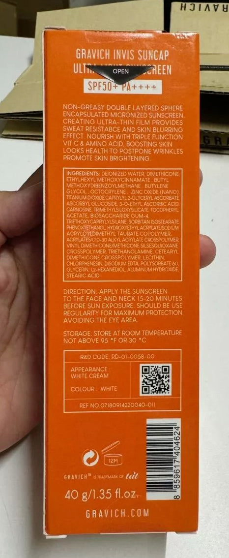 Gravich Invis Suncap Ultra Light Sunscreen SPF50 PA++++ 40g Face UV bright Care Skin