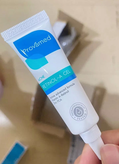Provamed Retinol-A Acne Gel tube angled on table surface