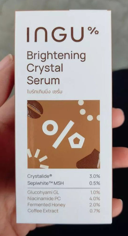 Front label of INGU Brightening Crystal Serum box highlighting the bright tone formula