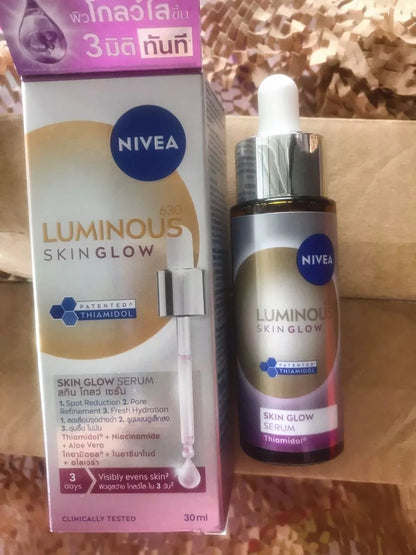 NIVEA Luminous 630 Skin Glow Serum 30ml bottle and box on table