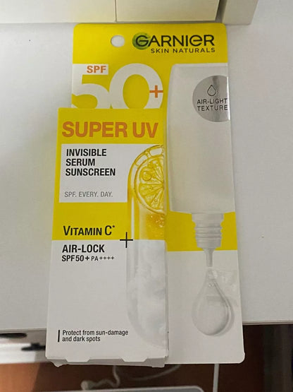 Garnier Super UV Serum sunscreen SPF50 PA++++ box and bottle front packaging